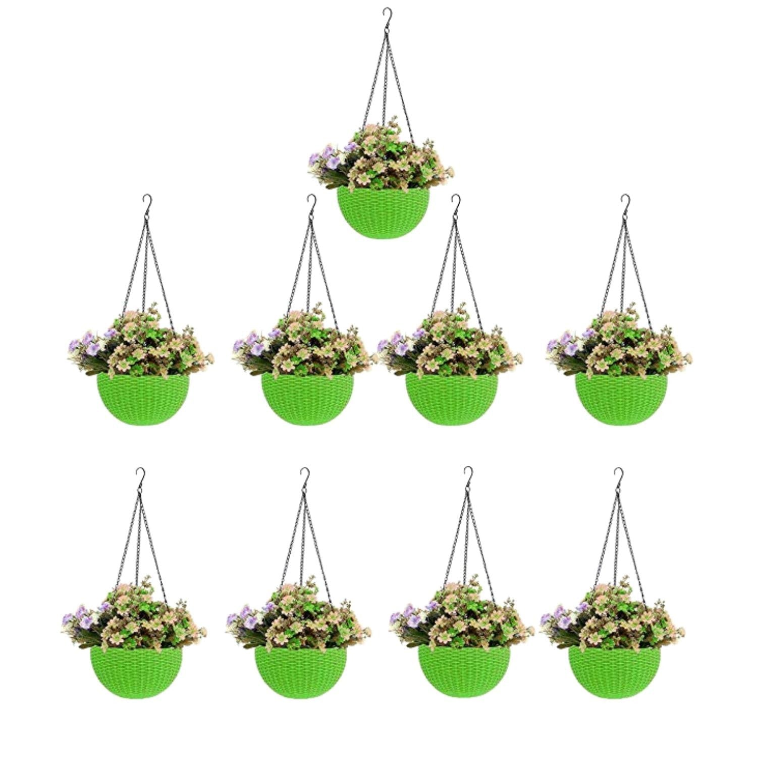 GoHooked green plastic hanging pots with woven texture, 7.1 inch diameter, set of 9. Includes faux flowers.