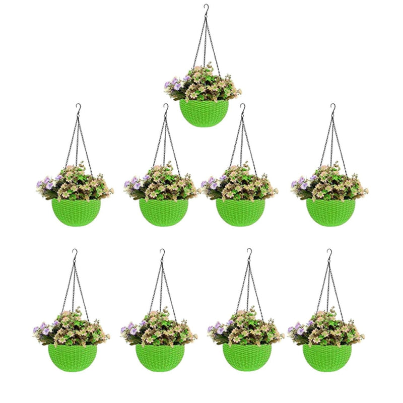 GoHooked green plastic hanging pots with woven texture, 7.1 inch diameter, set of 9. Includes faux flowers.
