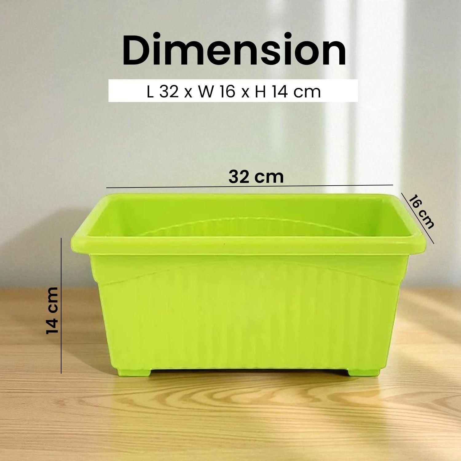 GoHooked rectangular green plastic plant pot, 32x16x14 cm, rust-resistant, suitable for indoor/outdoor use.