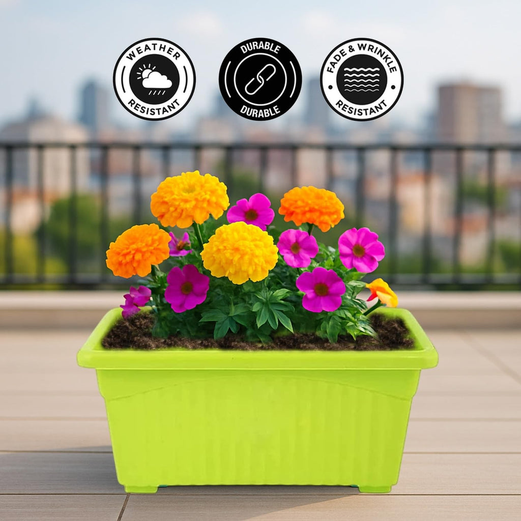 GoHooked rectangular green plastic plant pot with marigolds and petunias, 35 x 18.5 x 15 cm.