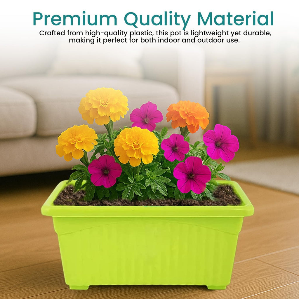 GoHooked rectangular green plastic plant pot with yellow, orange, and pink flowers. Rust-resistant and durable for indoor/outdoor use.