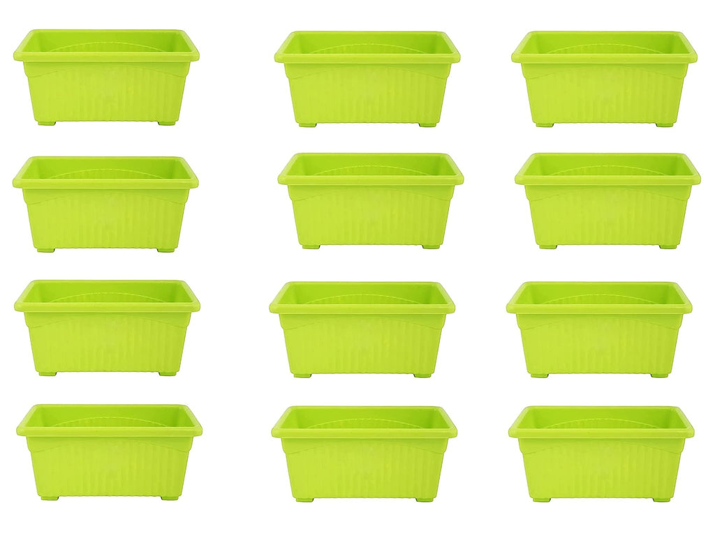 GoHooked pack of 12 green rectangular plastic plant pots, 35cm, ideal for home, window display, and garden.