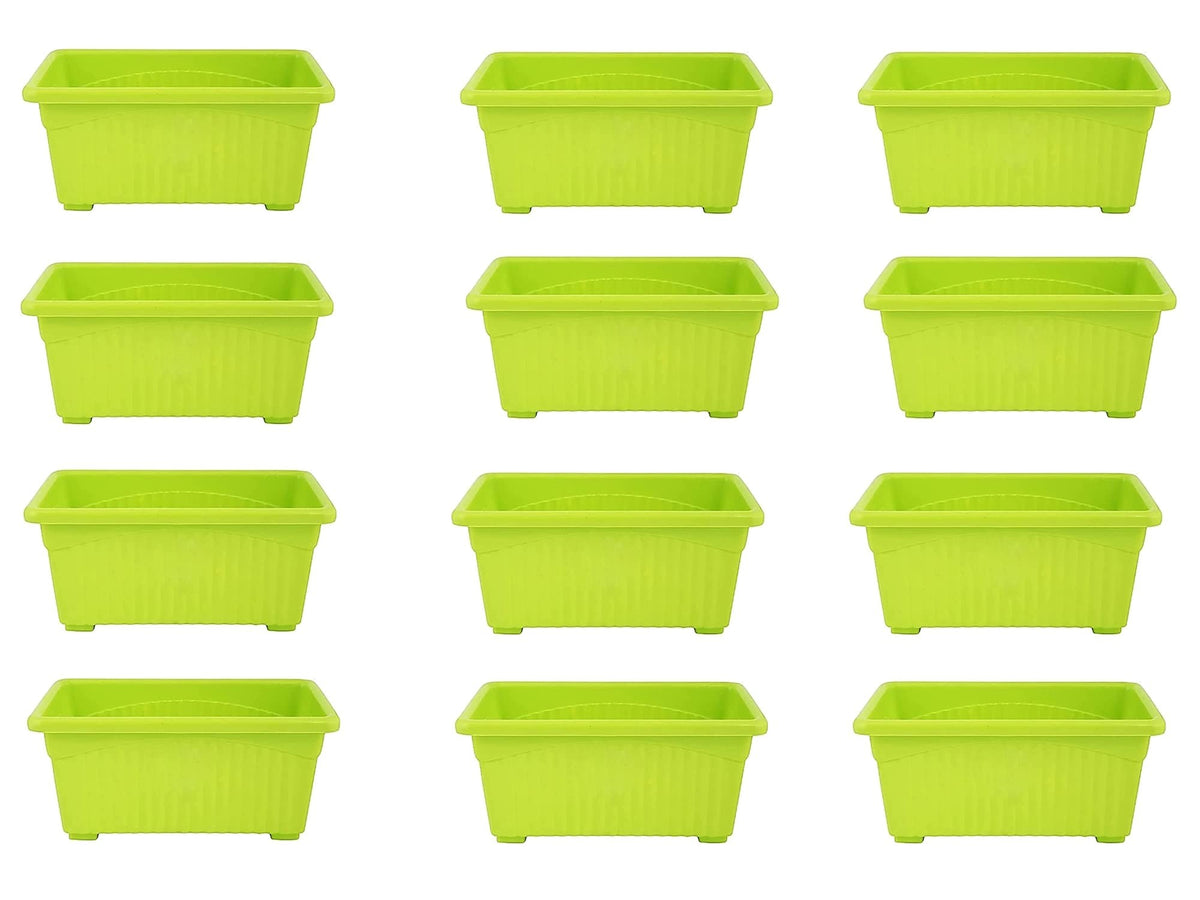 GoHooked pack of 12 green rectangular plastic plant pots, 35cm, ideal for home, window display, and garden.