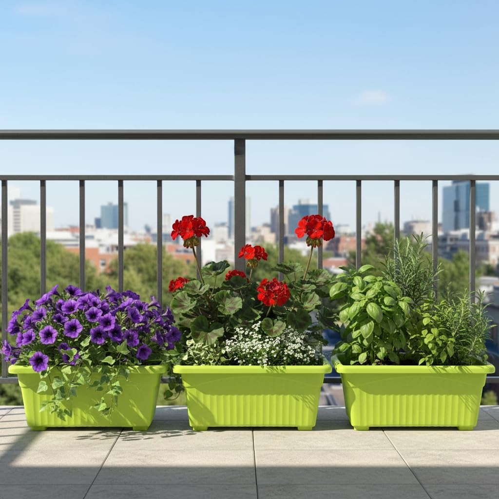 GoHooked set of 3 rectangular green plastic plant pots with purple petunias, red geraniums, and herbs on a balcony.