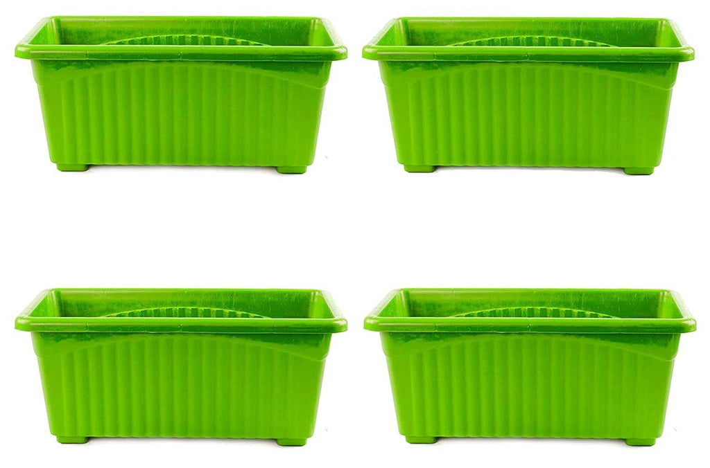 GoHooked set of 4 green rectangular plastic plant pots with ribbed texture and drainage holes.