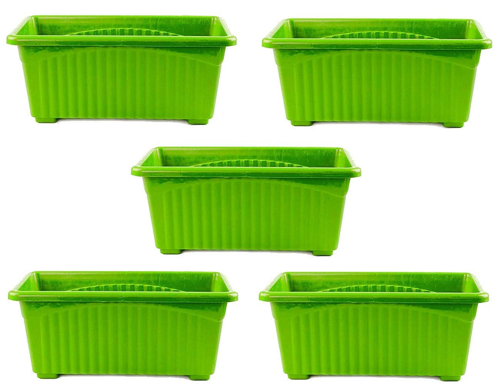 GoHooked set of 5 green rectangular plastic plant pots with ribbed texture and raised feet.
