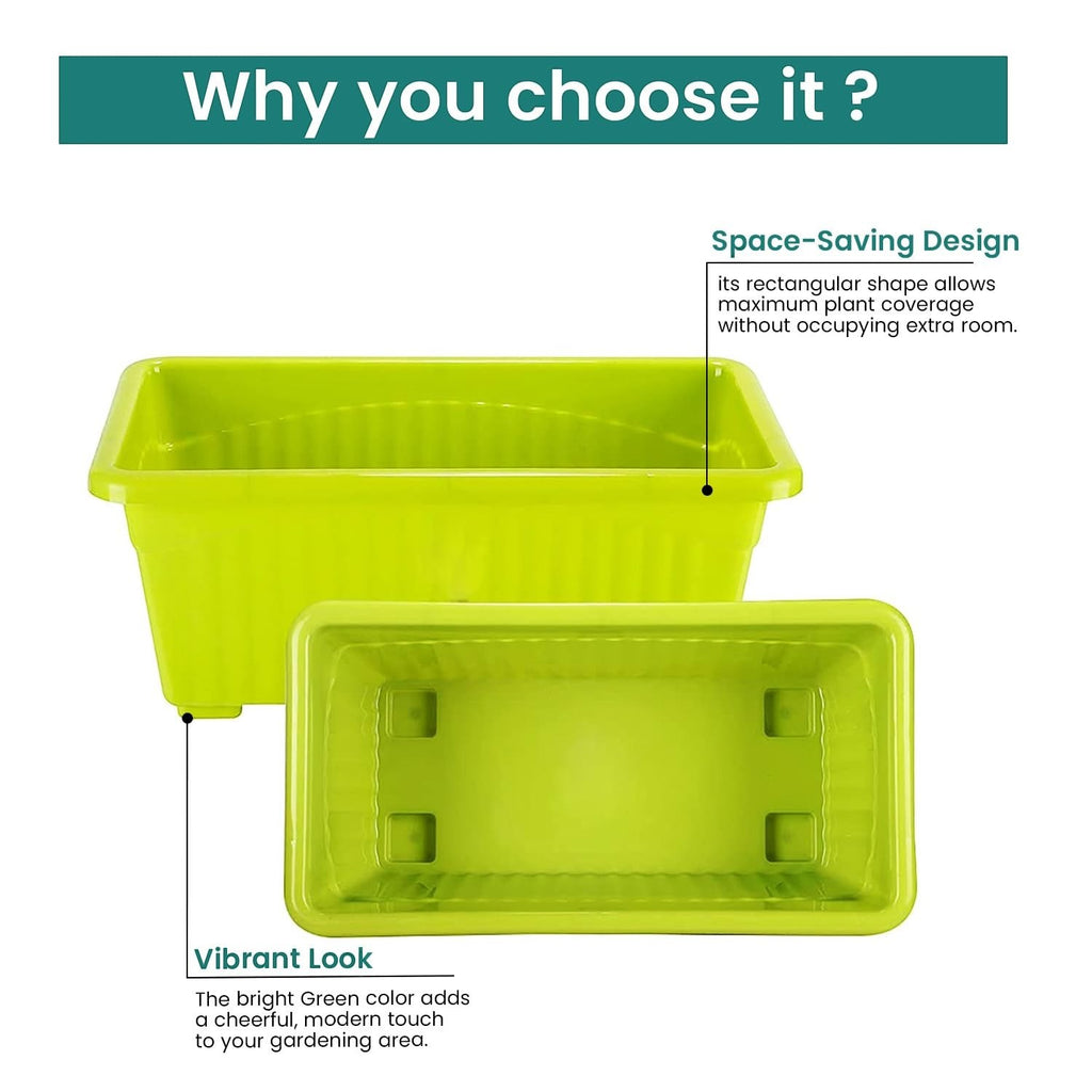 GoHooked set of 5 rectangular green plastic plant pots with drainage holes. Space-saving design.