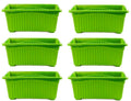Go Hooked set of 6 green rectangular plastic plant pots with ribbed texture and drainage holes.