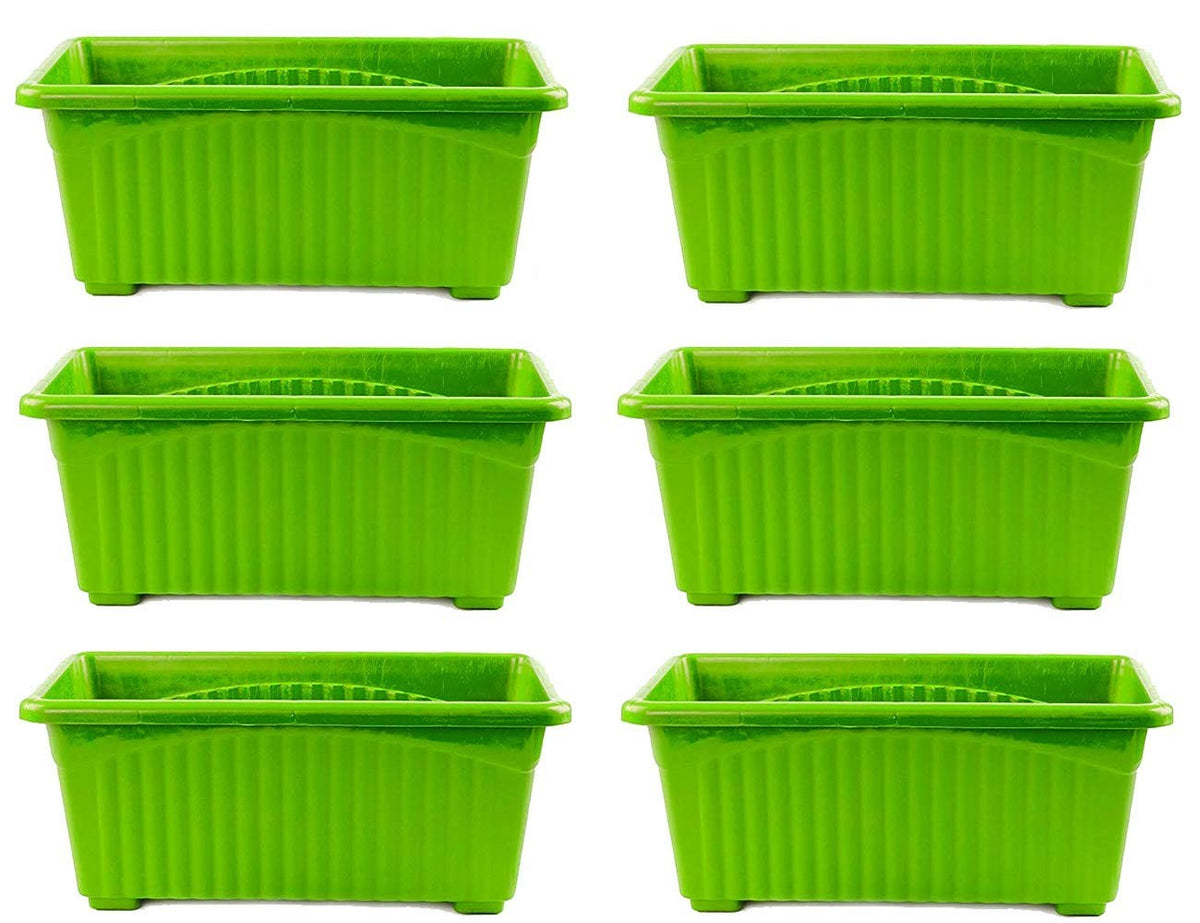 Go Hooked set of 6 green rectangular plastic plant pots with ribbed texture and drainage holes.