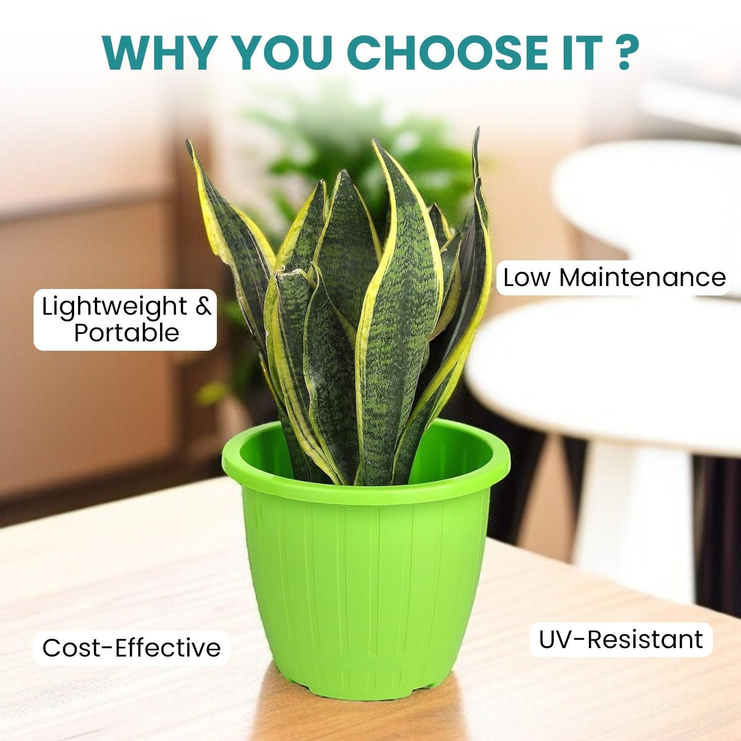 GoHooked 10-inch green plastic planter pot with vertical ribbing, ideal for indoor/outdoor gardening. Lightweight and durable.