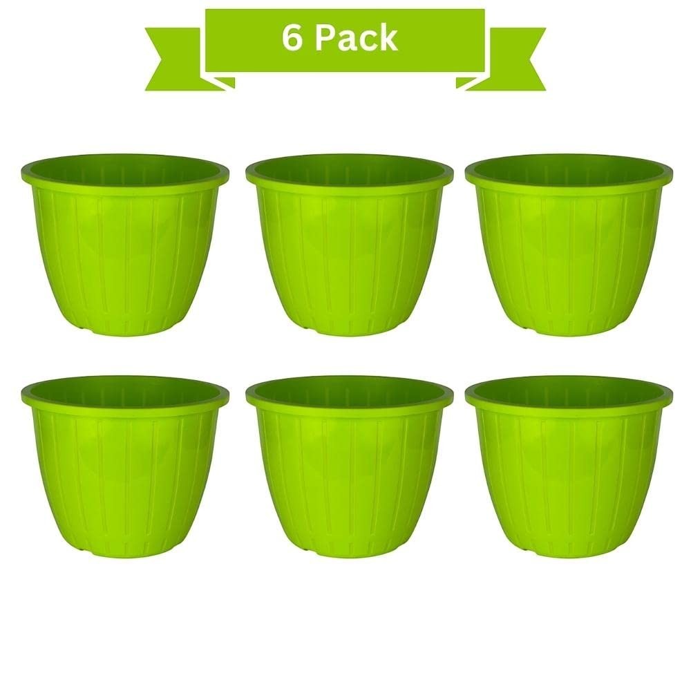 GoHooked 6 pack of 10-inch green plastic planters with a ribbed design, suitable for indoor and outdoor gardening.