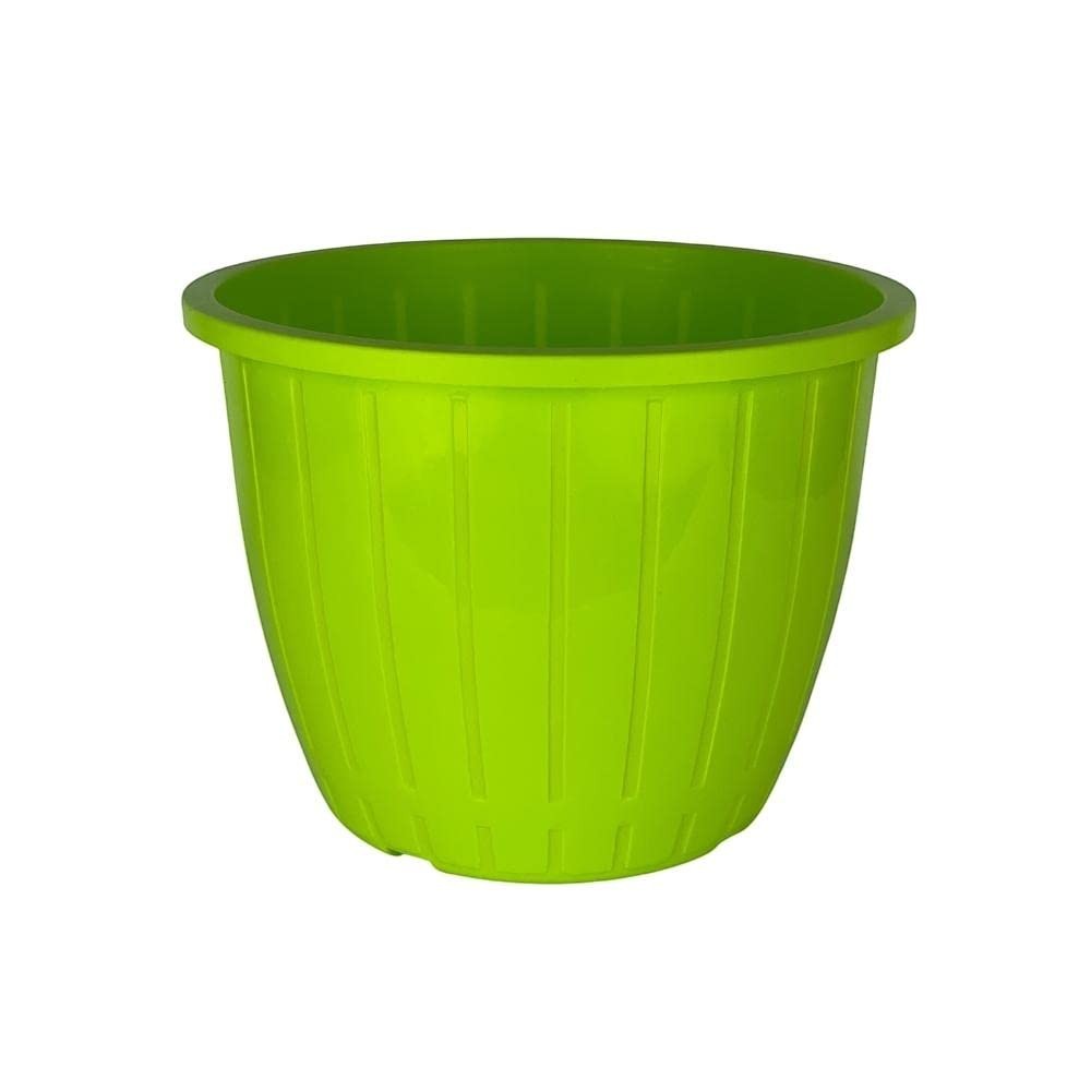 Go Hooked 10-inch green plastic planter pot with vertical ribbed texture. Lightweight and durable for indoor/outdoor gardening.