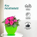 Go Hooked green plastic planter pot with embossed floral design and pink impatiens flowers, includes matching saucer. Indoor/outdoor use.