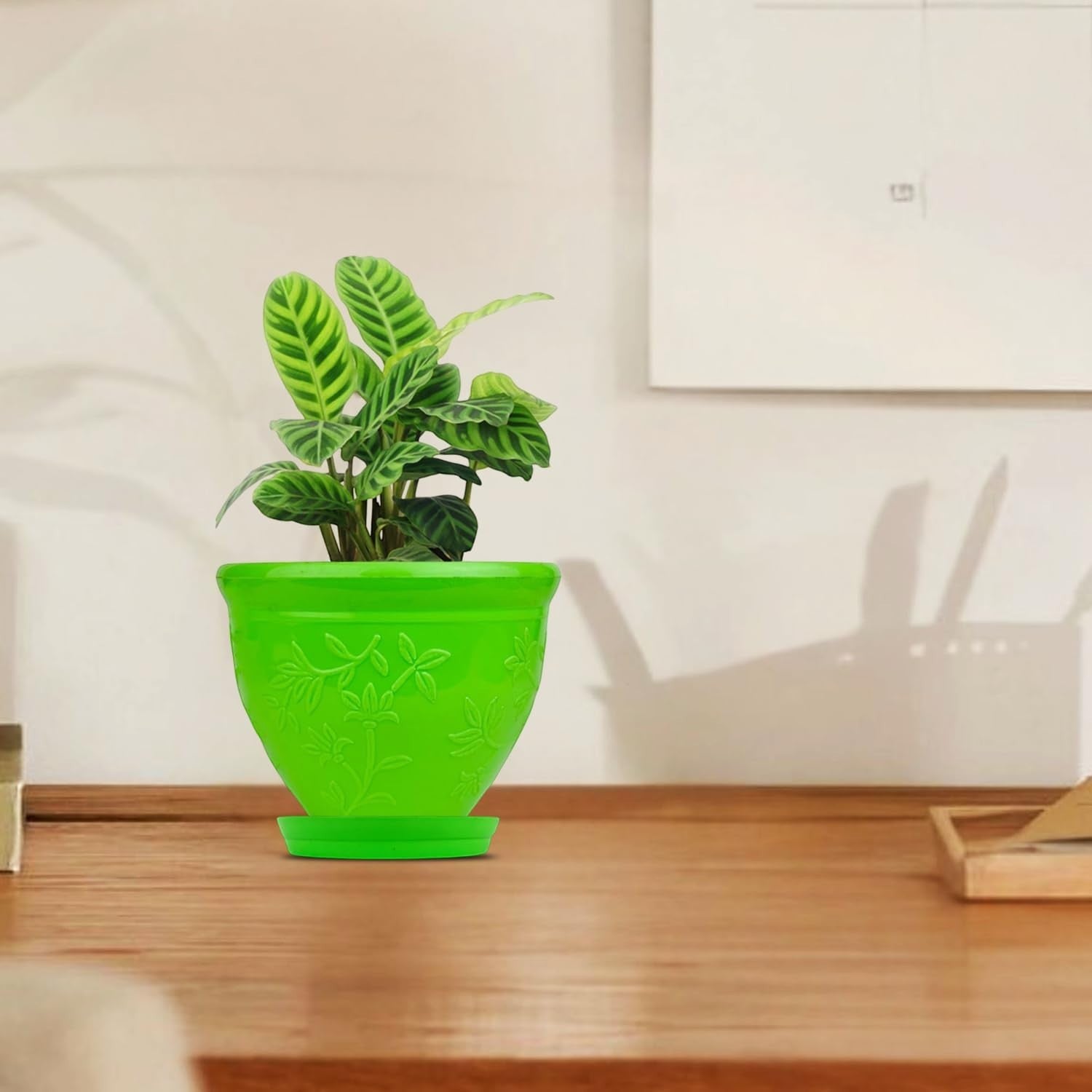 Go Hooked green plastic planter pot with embossed floral design and matching saucer, 6 inch