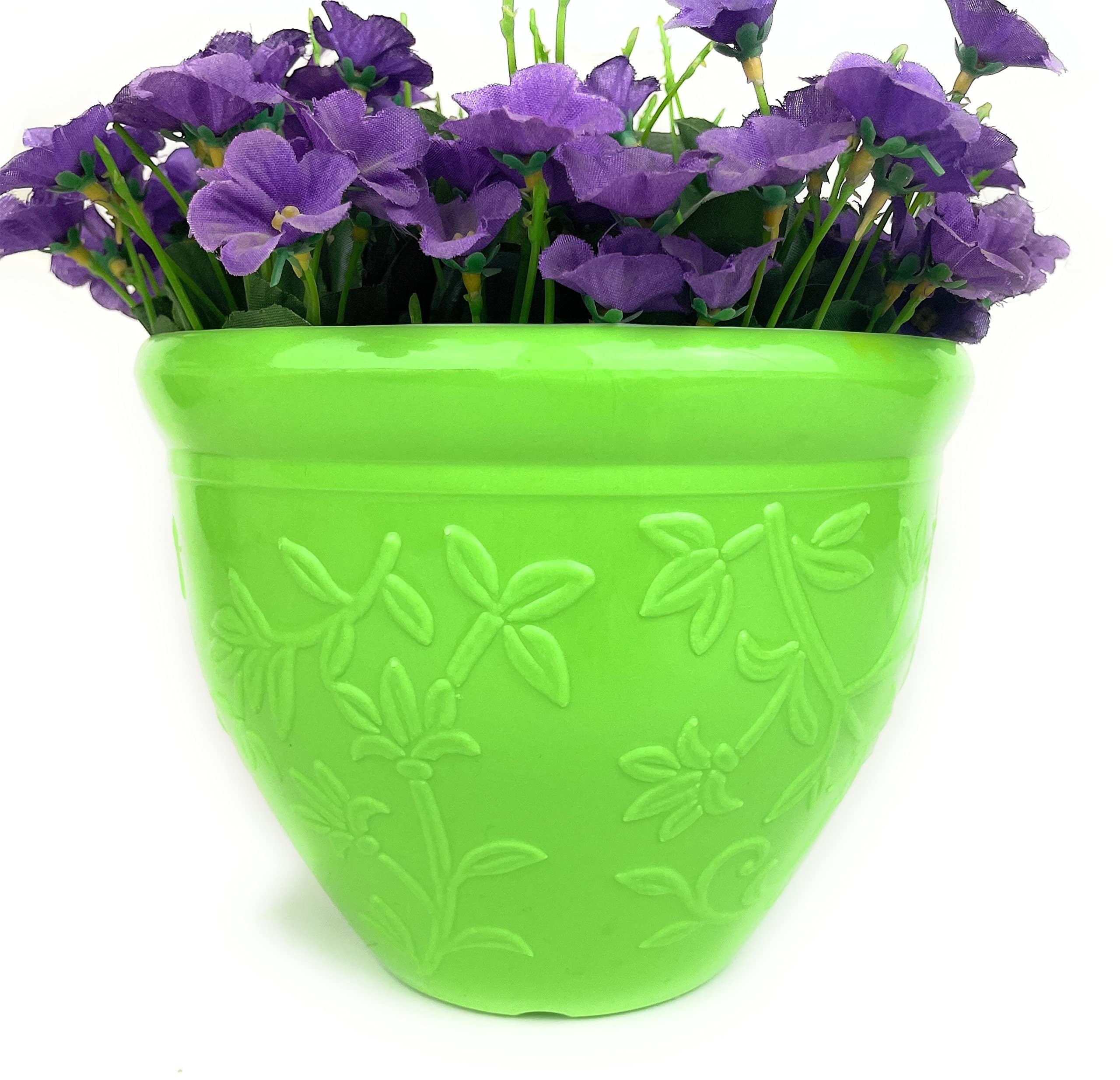 GoHooked bright green plastic planter pot with embossed floral design, 8 inch size, perfect for indoor/outdoor plants.