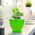 Go Hooked green plastic planter pot with embossed floral design and matching saucer, holding a green plant.