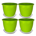 GoHooked set of 4 green plastic planters with matching trays, 8-inch diameter, ideal for indoor/outdoor gardening.