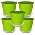 GoHooked 5 green plastic planters with trays, 8-inch diameter, durable and UV-stabilized for indoor/outdoor gardening.