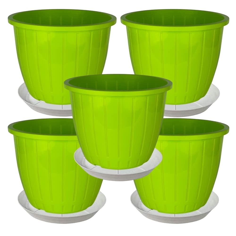 GoHooked 5 green plastic planters with trays, 8-inch diameter, durable and UV-stabilized for indoor/outdoor gardening.