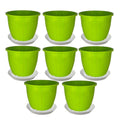 GoHooked 8-pack green plastic planters with white saucers, 8-inch diameter, for indoor/outdoor gardening.