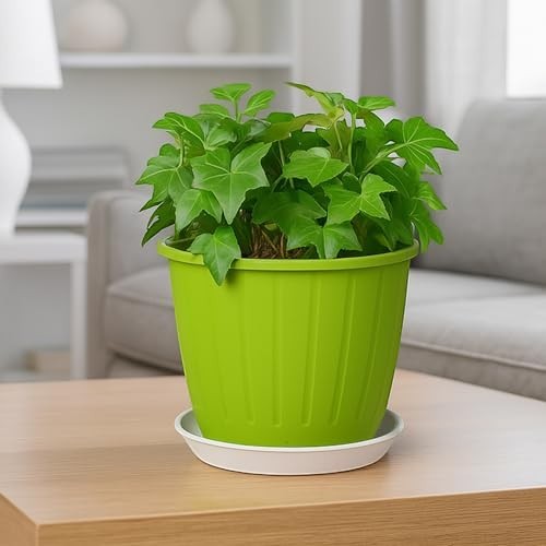 GoHooked green plastic planter pot with tray, 8 inch, durable and UV stabilized for indoor/outdoor gardening.