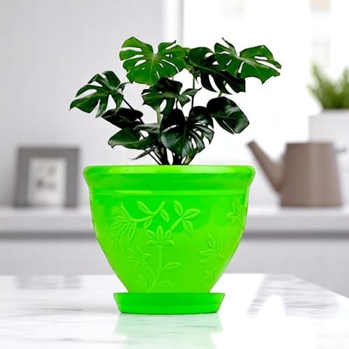 Go Hooked green plastic planter pot with embossed floral design and matching saucer, holding a monstera plant.