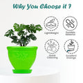 Go Hooked green plastic planter pot with embossed floral design and matching saucer, ideal for indoor/outdoor plants.