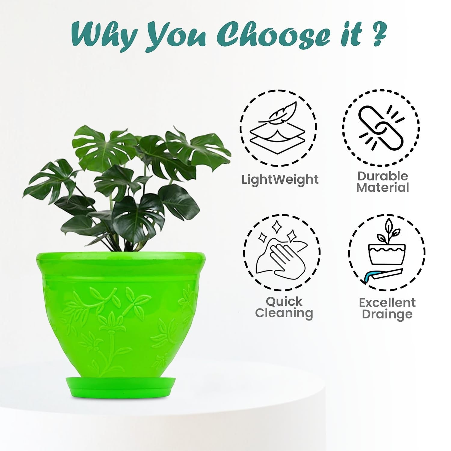 Go Hooked green plastic planter pot with embossed floral design and matching saucer, ideal for indoor/outdoor plants.