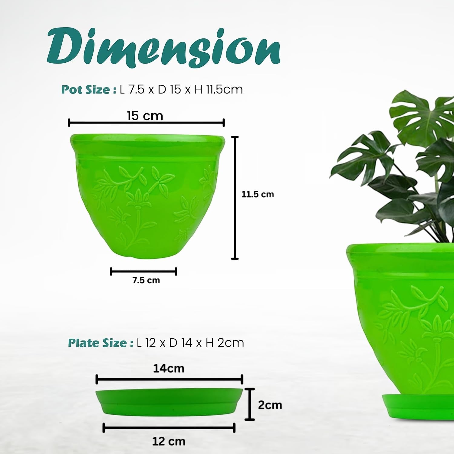 Go Hooked green plastic planter pot with embossed floral design, 6 inch size, includes matching saucer tray.