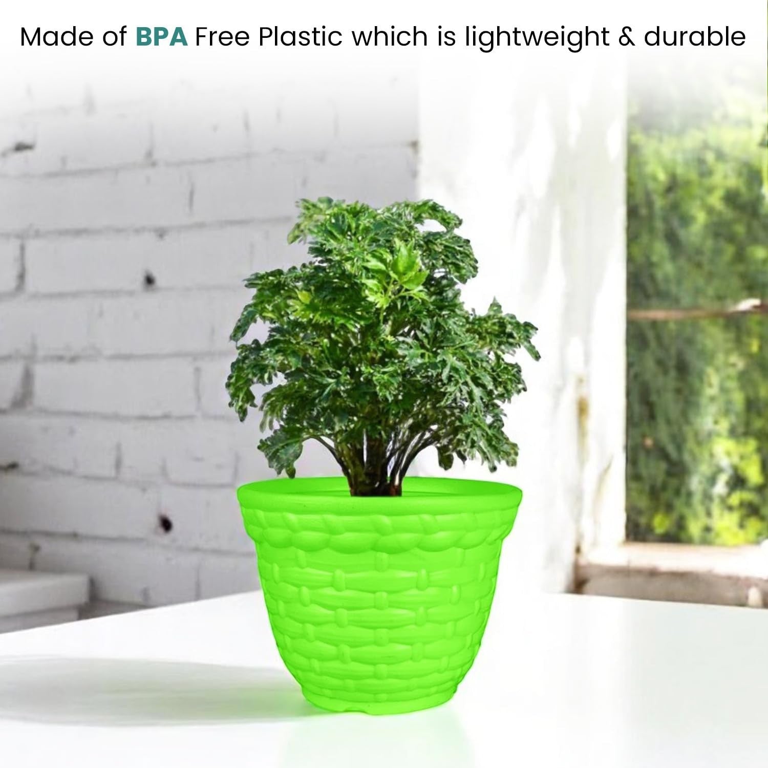 GoHooked bright green plastic planter pot with woven texture, 8-inch size, perfect for indoor or outdoor plants.