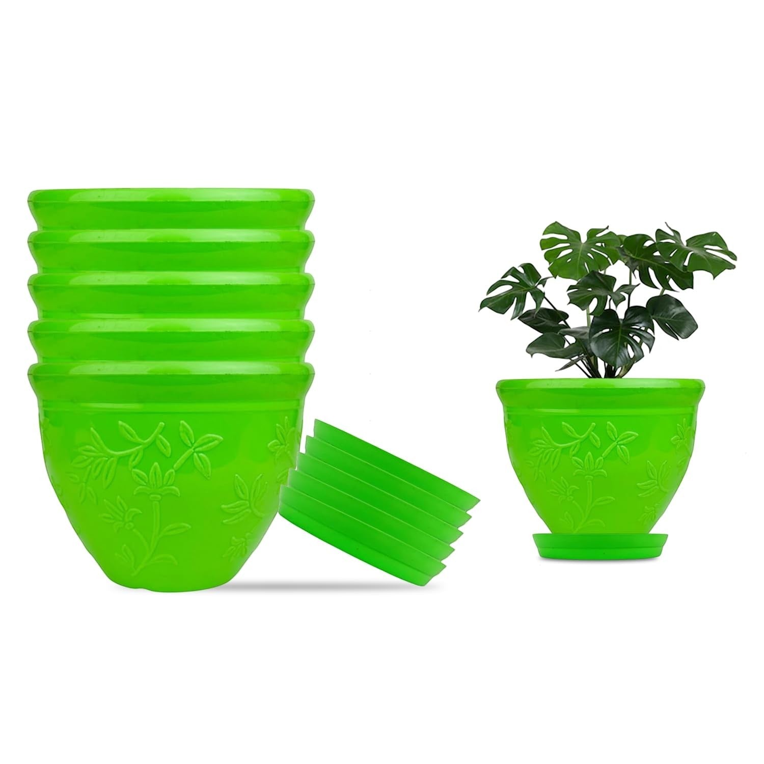 Go Hooked set of 6 green plastic planter pots with embossed floral design, one pot shown with saucer and plant.