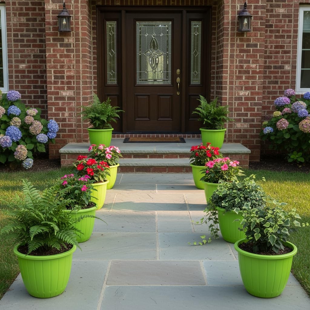 Go Hooked 10-inch green plastic planters with plants line a stone walkway leading to a brick house.