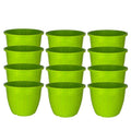GoHooked 10-inch green plastic planters, pack of 12. Lightweight, durable, and suitable for indoor/outdoor use.