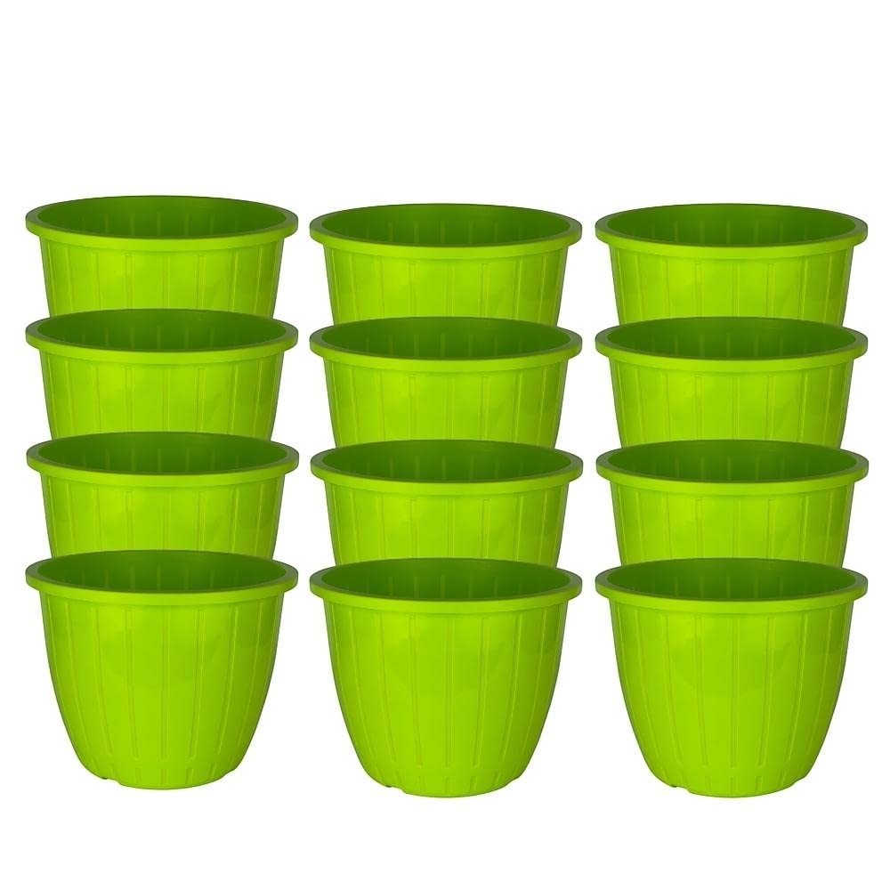 GoHooked 10-inch green plastic planters, pack of 12. Lightweight, durable, and suitable for indoor/outdoor use.