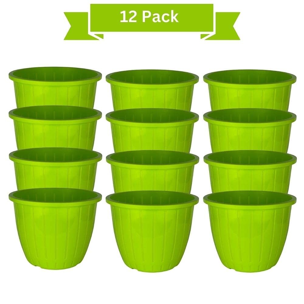 Go Hooked 10-inch green plastic planters, pack of 12. Lightweight, durable, and suitable for indoor/outdoor use.