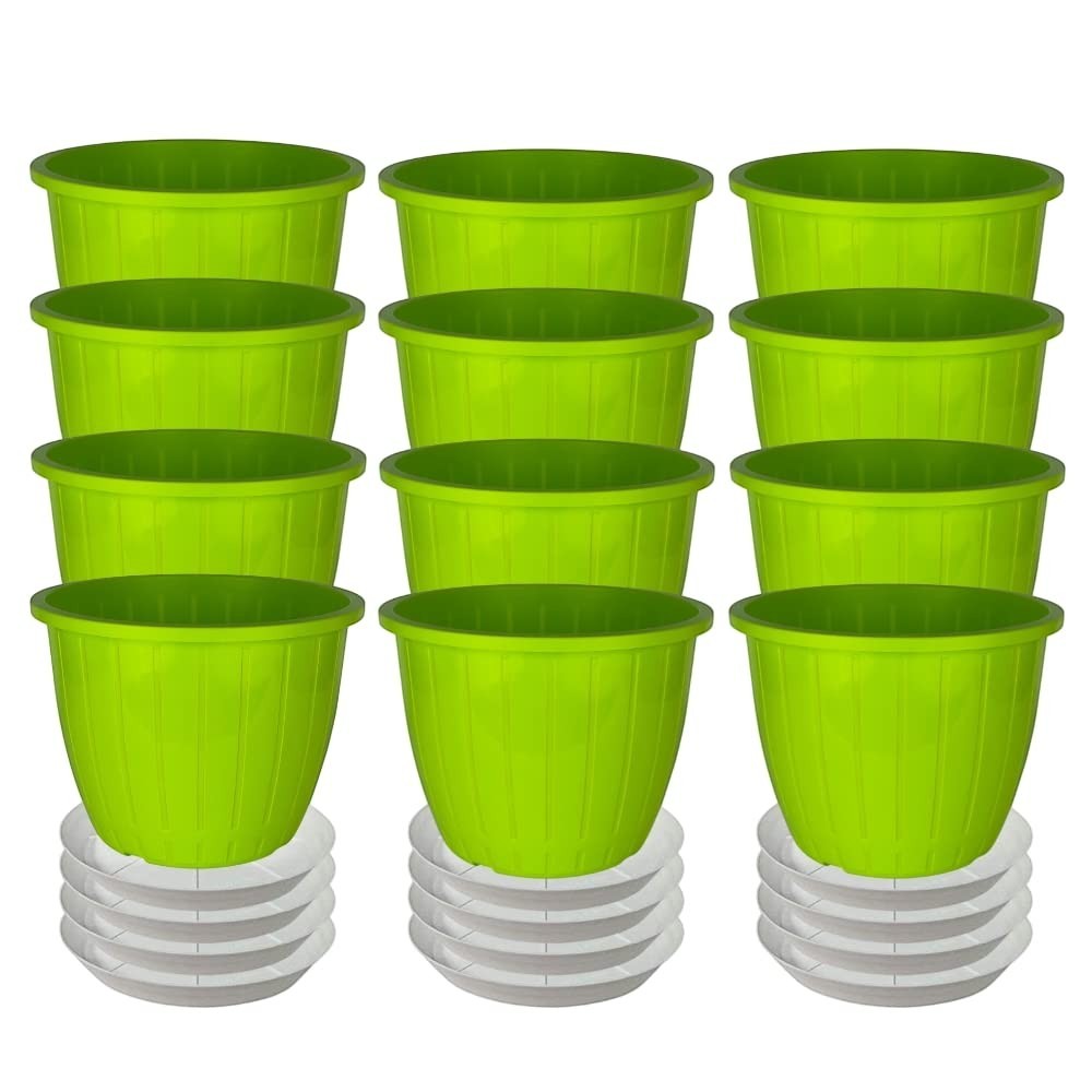 GoHooked 12-pack of 8-inch green plastic planters with matching trays for indoor/outdoor gardening.