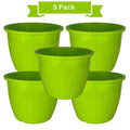 GoHooked 5 pack of 10-inch green plastic planters with a ribbed design, perfect for indoor or outdoor gardening.