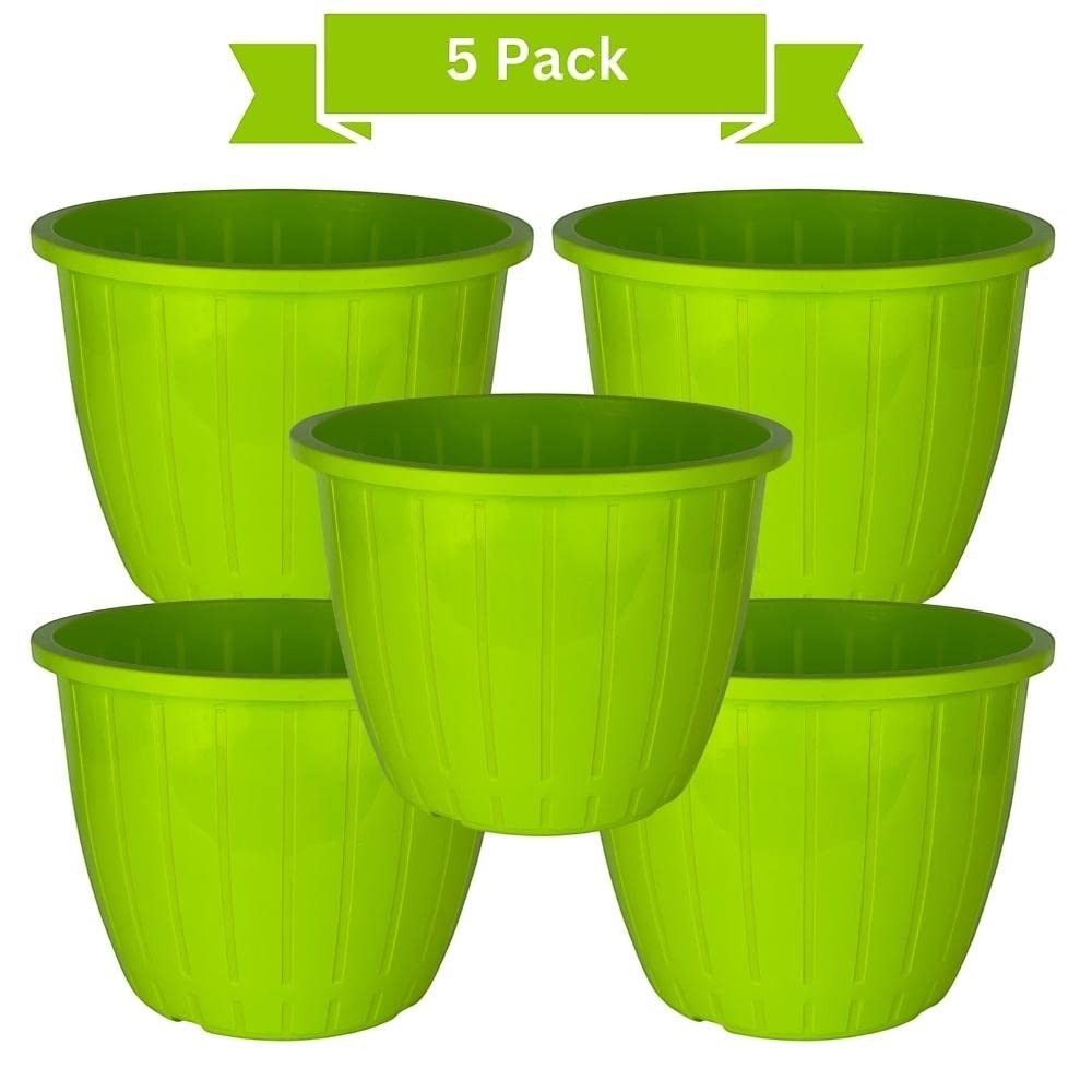 GoHooked 5 pack of 10-inch green plastic planters with a ribbed design, perfect for indoor or outdoor gardening.