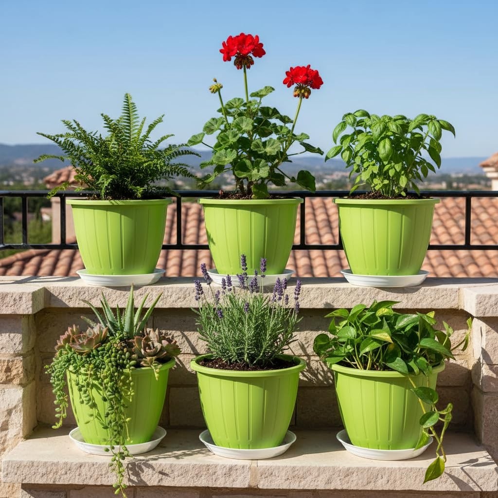 GoHooked 8-inch green plastic planters with trays, set of 6, for indoor/outdoor gardening.