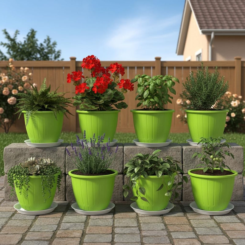 GoHooked 8-inch green plastic planters with trays, set of 8, ideal for indoor/outdoor gardening.