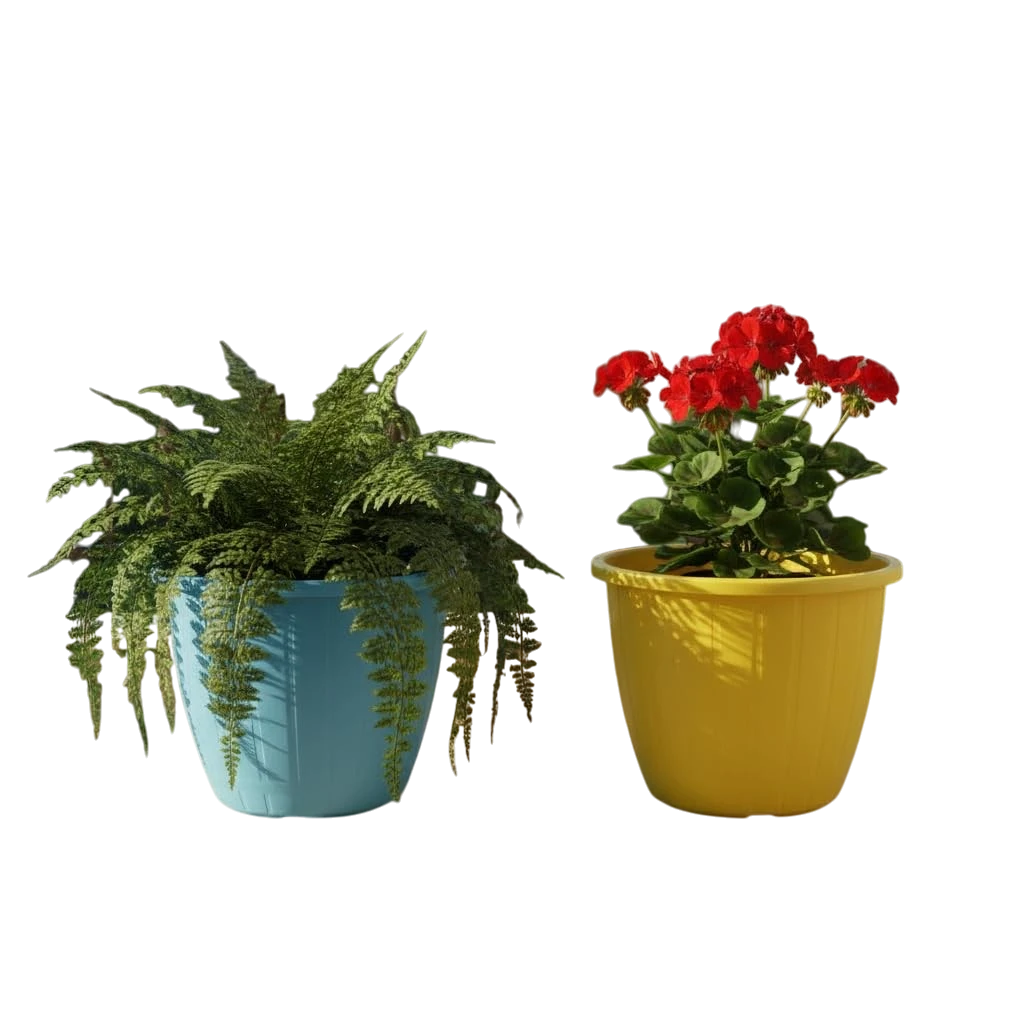GoHooked pack of 3 green plastic planters, one holding a fern, the other red flowers. Modern style.