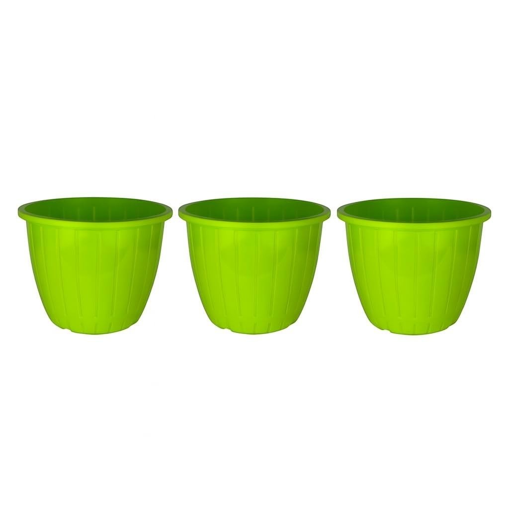 GoHooked set of 3 green plastic planters with a modern ribbed design, suitable for indoor or outdoor gardening.