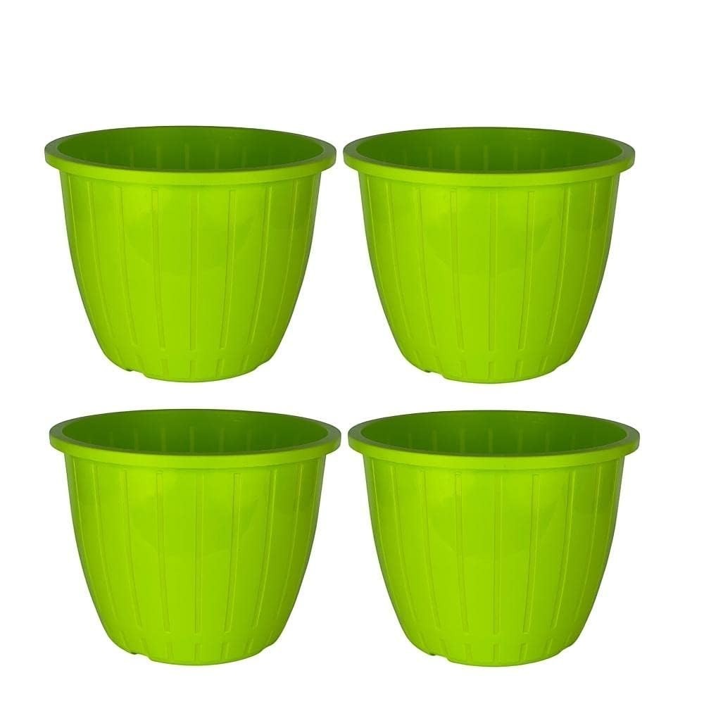 GoHooked pack of 4 green plastic planters with vertical ribbed texture and a wide rim. Suitable for indoor/outdoor gardening.