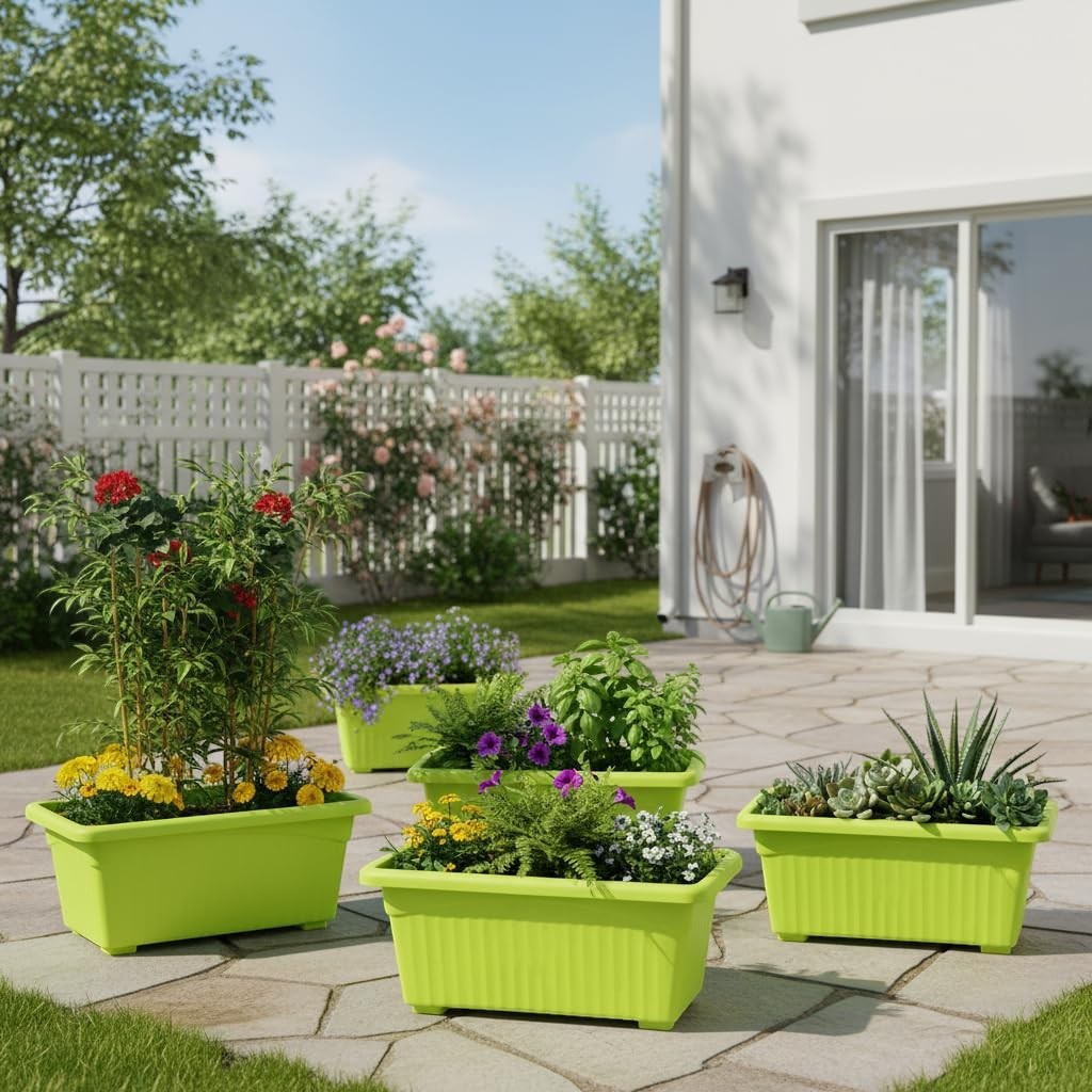GoHooked set of 5 rectangular green plastic planters filled with various flowers and plants on a patio.
