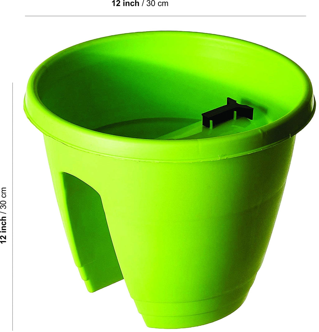 Go Hooked bright green plastic railing flower pot, 12-inch, set of 3. Designed for balconies and railings.
