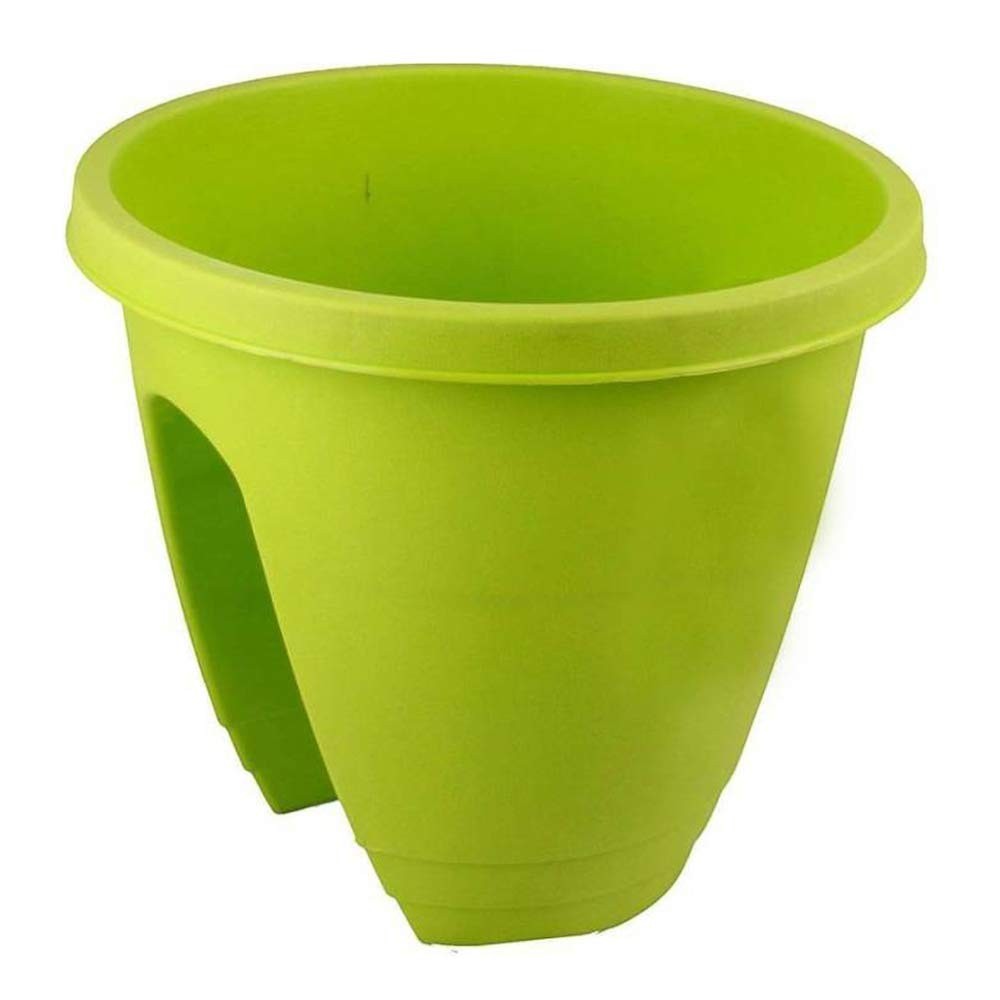 GoHooked green plastic 12-inch railing planter, lightweight and modern style for balconies.