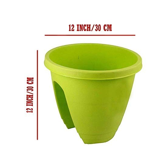 GoHooked 12-inch green plastic railing planter pot, perfect for balconies and flowers.