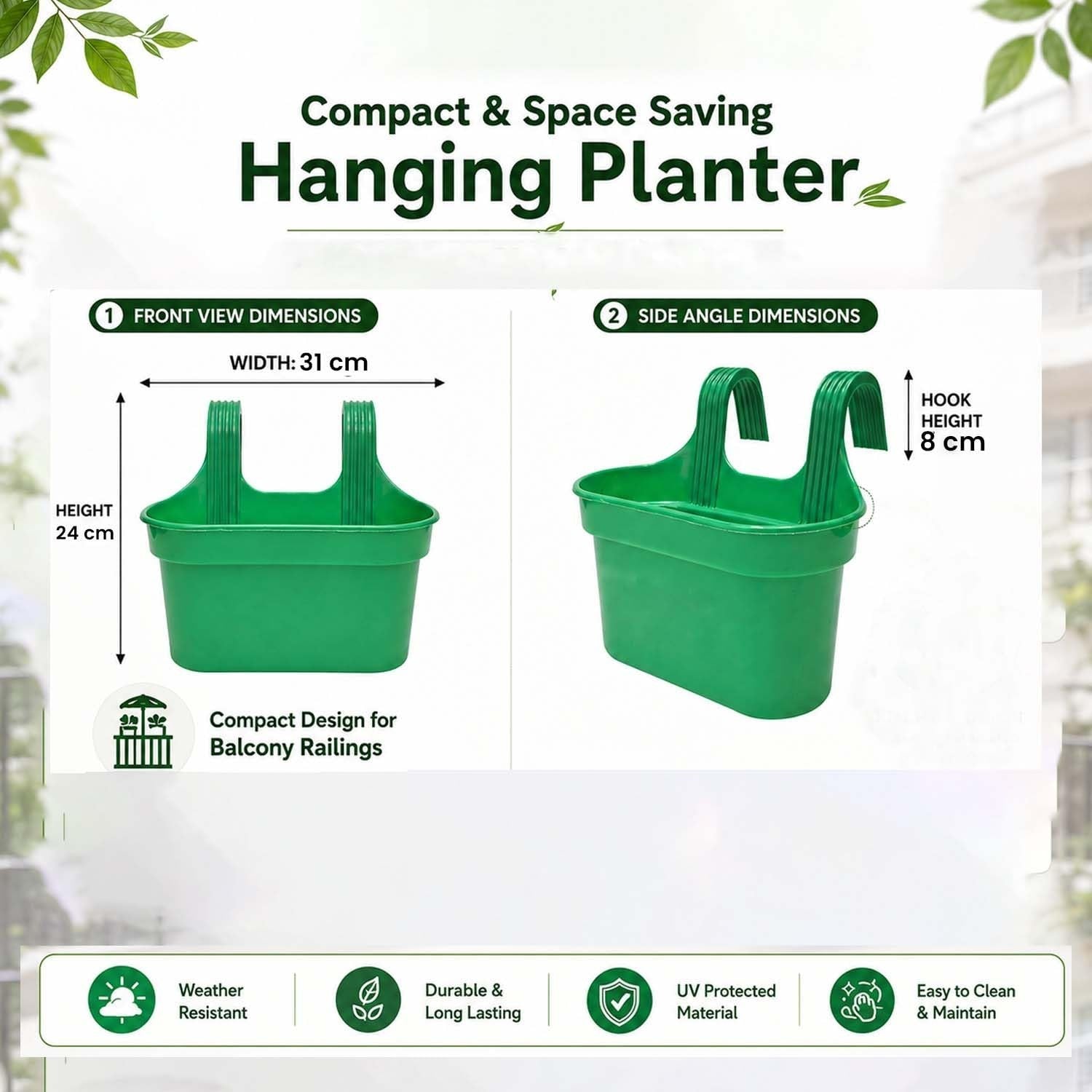 GoHooked green plastic railing hanging planter pot, 12 inch, rectangular, with double hooks for balcony or fence.