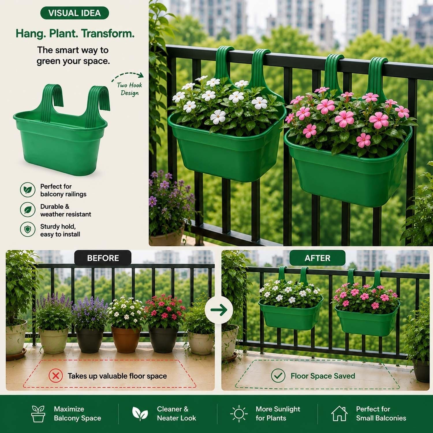 GoHooked green plastic railing hanging planter pot with double hook, perfect for balcony and garden fence.