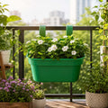 GoHooked green plastic railing hanging planter pot with white flowers, set of 5, rectangular shape, double hook for balcony fence.